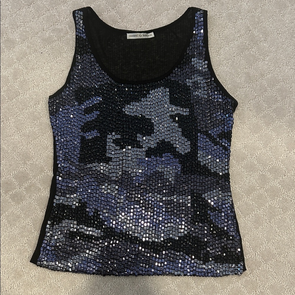 Blue Camo Sequin Embellished Sheer Tank Top